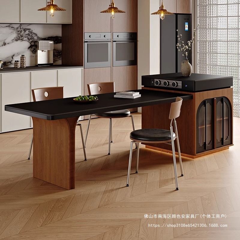 小户型岩板伸缩岛台餐桌组合