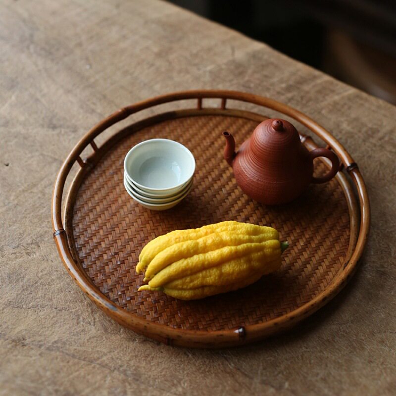 斑竹紫竹 知秋 竹编托盘圆茶盘 茶具收纳盘 文盘干泡茶盘 配件果