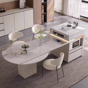 伸缩折叠岛台餐桌可变圆家用高级岩板中倒台一体奶油风方圆两用桌