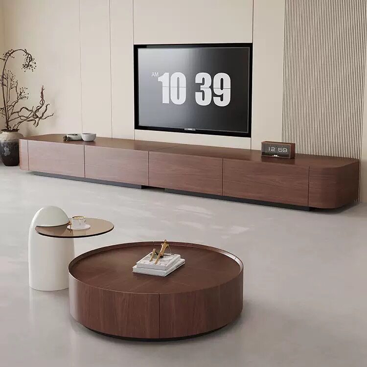 意式简奢实木茶几家用小户型简约现代胡桃木网红大小圆形茶几组合