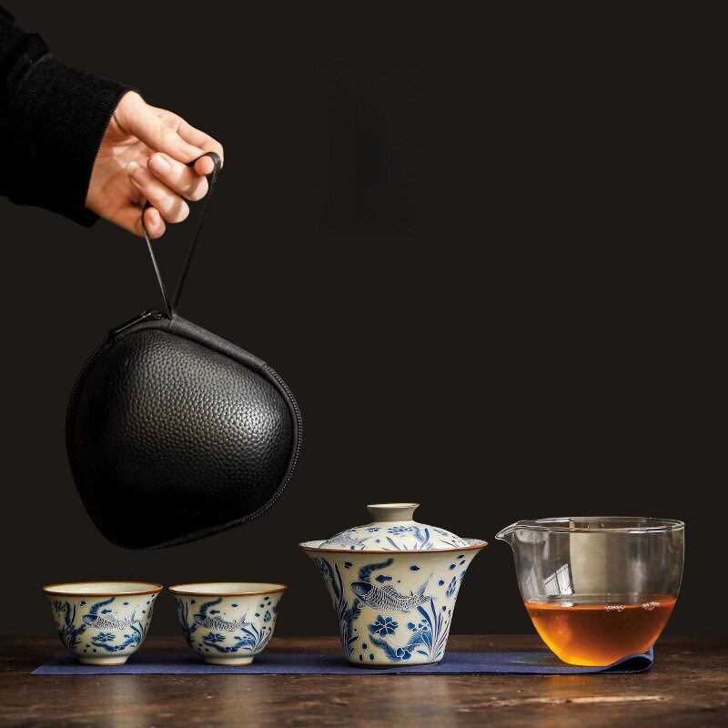掐丝银青花鱼藻纹旅行茶具便携户外快客杯精致车载露营旅游泡茶器