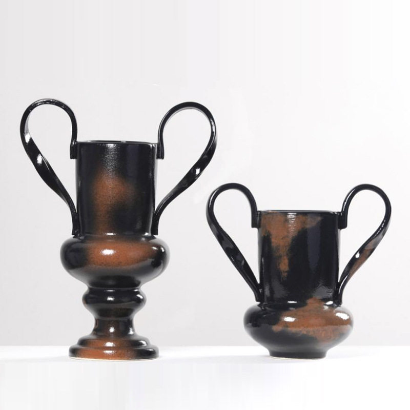 法式中古风异形陶瓷花瓶摆件样板间客厅玄关客厅餐桌插花器装饰品