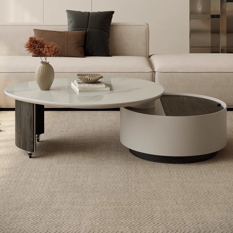 中古超晶石茶几轻奢简约家用小户型客厅组合极简奶油圆形茶几组合
