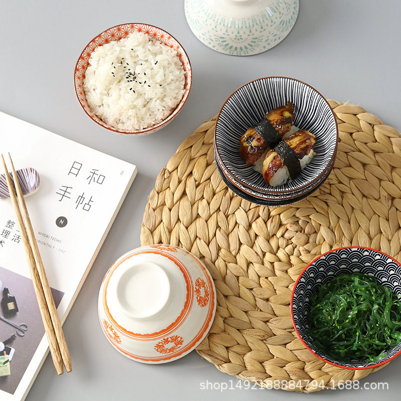 整箱出厂批发 4.5螺纹碗和风陶瓷釉下彩沙拉碗米饭碗供应亚马逊