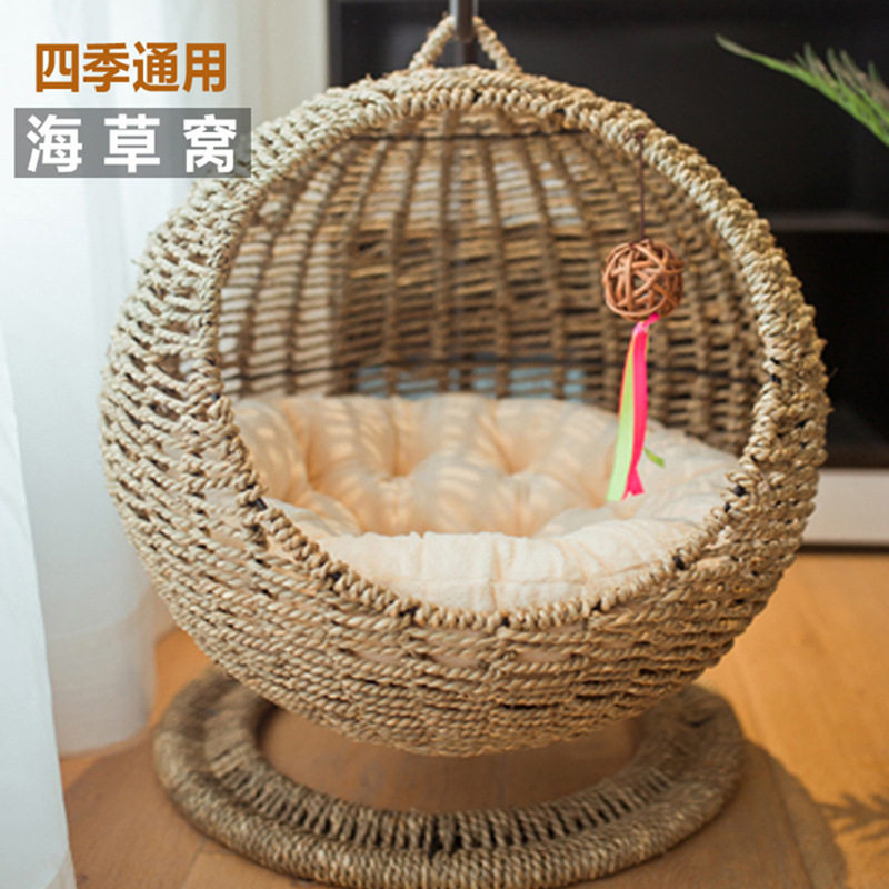 海草手工编织半封闭式宠物猫窝猫笼圆形耐抓猫吊篮藤编夏季猫吊床