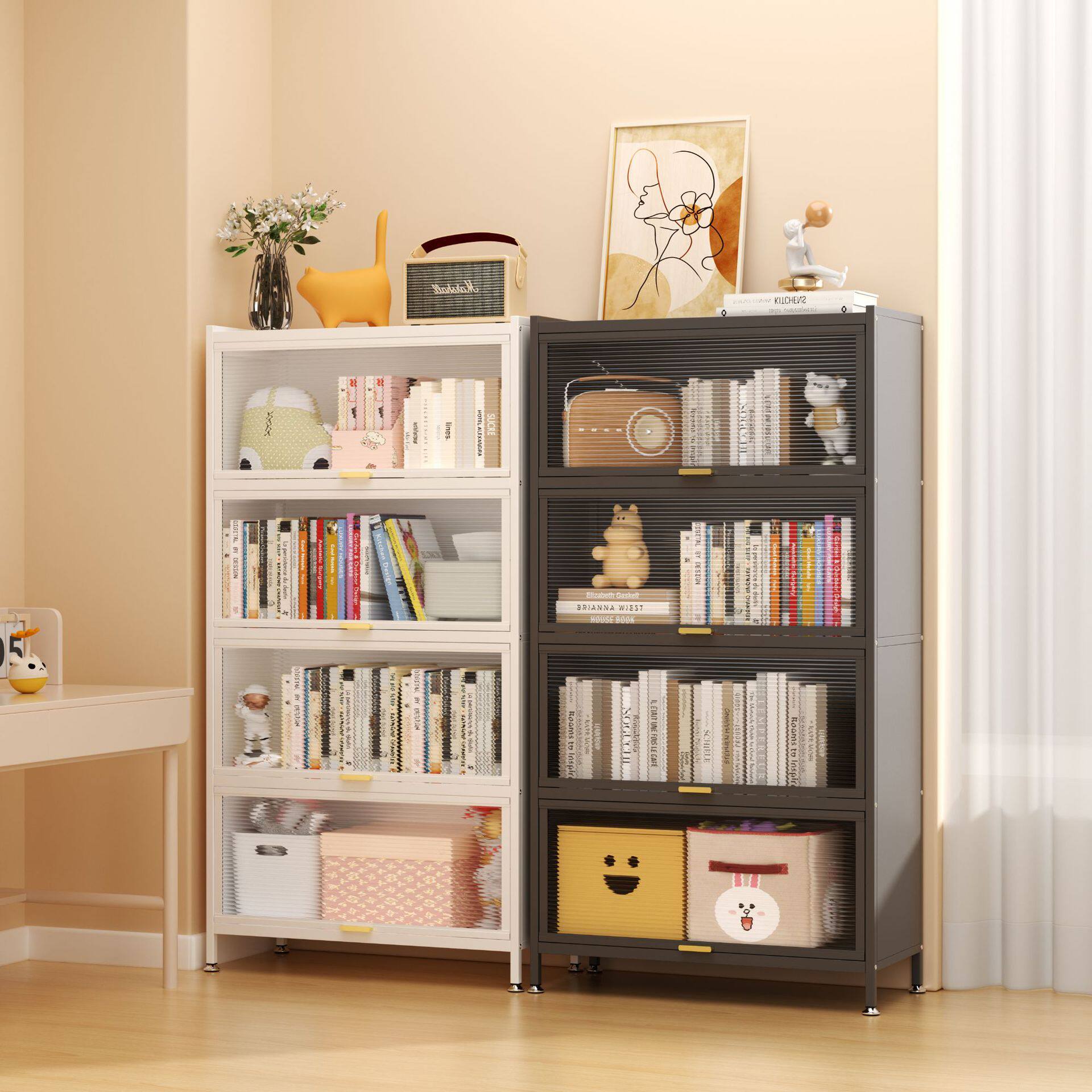 书柜家用落地靠墙多层带门储物收纳柜子儿童书房防尘钢制简易书架