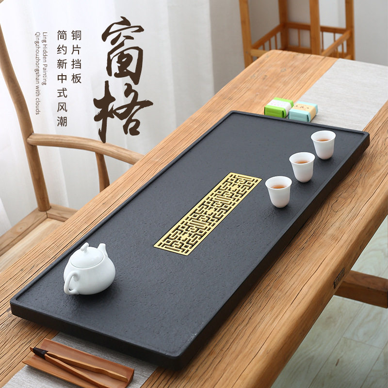 天然乌金石头茶盘简约家用整块石材带排水茶海大小号茶台现货批发