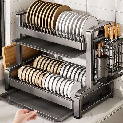 Y*h304不锈钢碗碟收纳架厨房置物架多功能家用沥水碗架放碗盘筷子