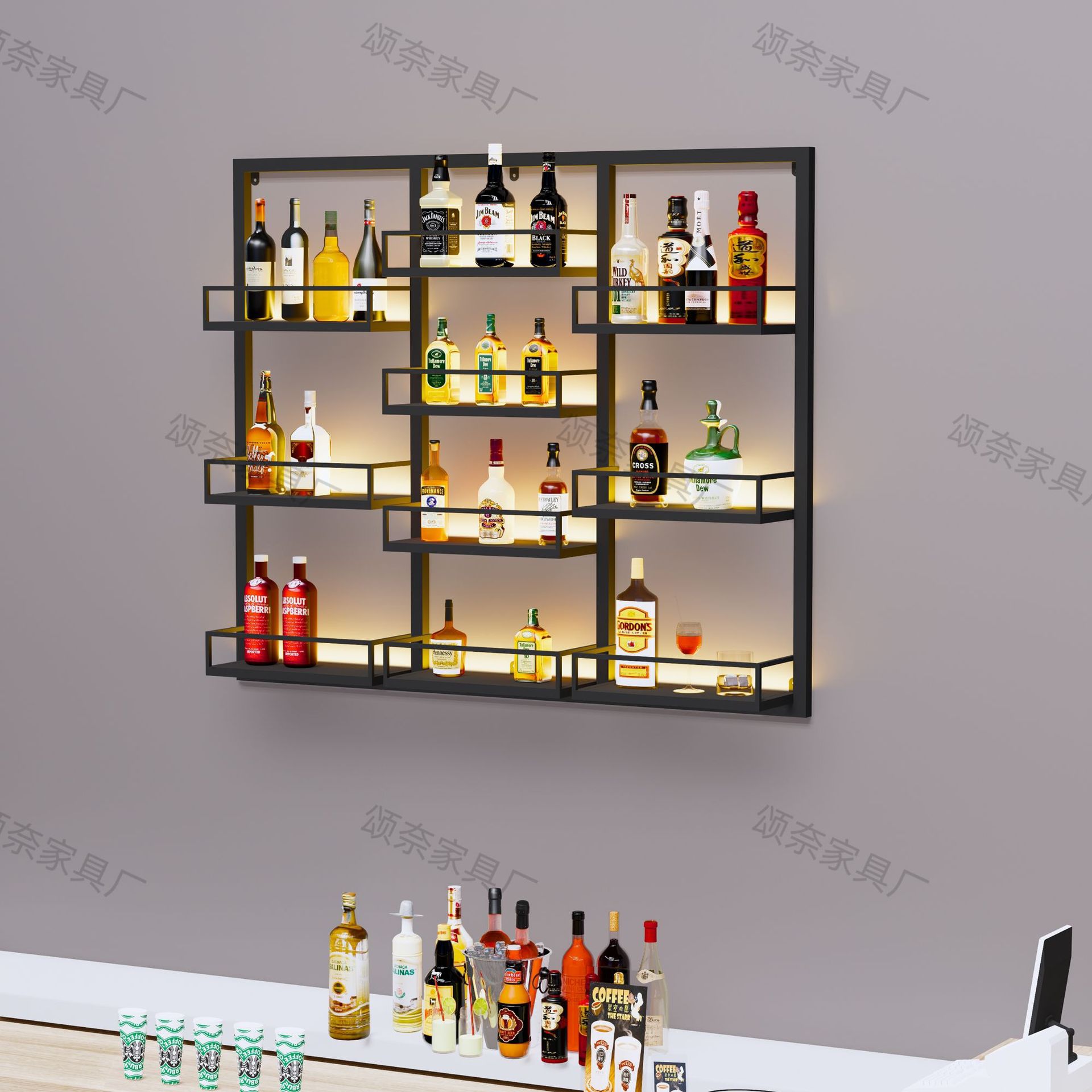 酒吧吧台壁挂发光多层红酒柜