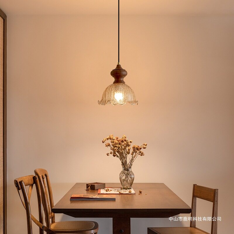 中古风餐厅吊灯复古胡桃木吧台灯冰裂纹卧室民宿床头玻璃小吊灯饰