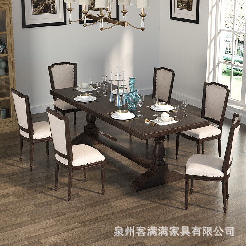 美式实木轻奢复古餐桌椅简约现代客厅家用会客长桌子原木做旧饭桌