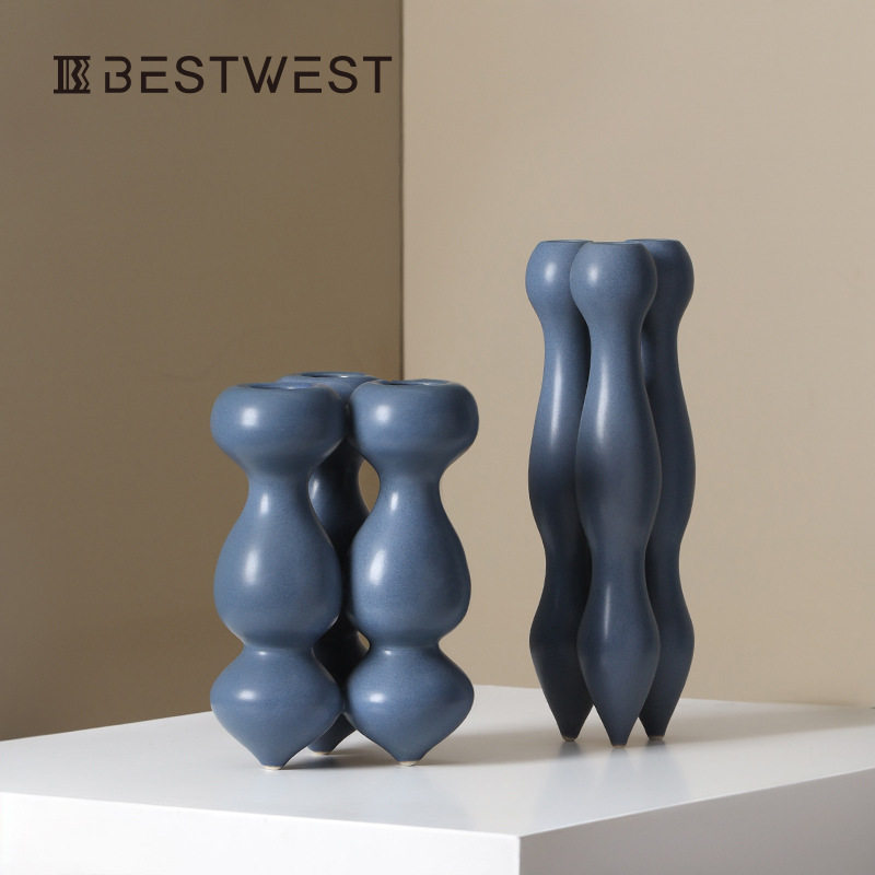Best west 密蓝色不规则法式陶瓷花瓶摆件 轻奢家居高档艺术花器