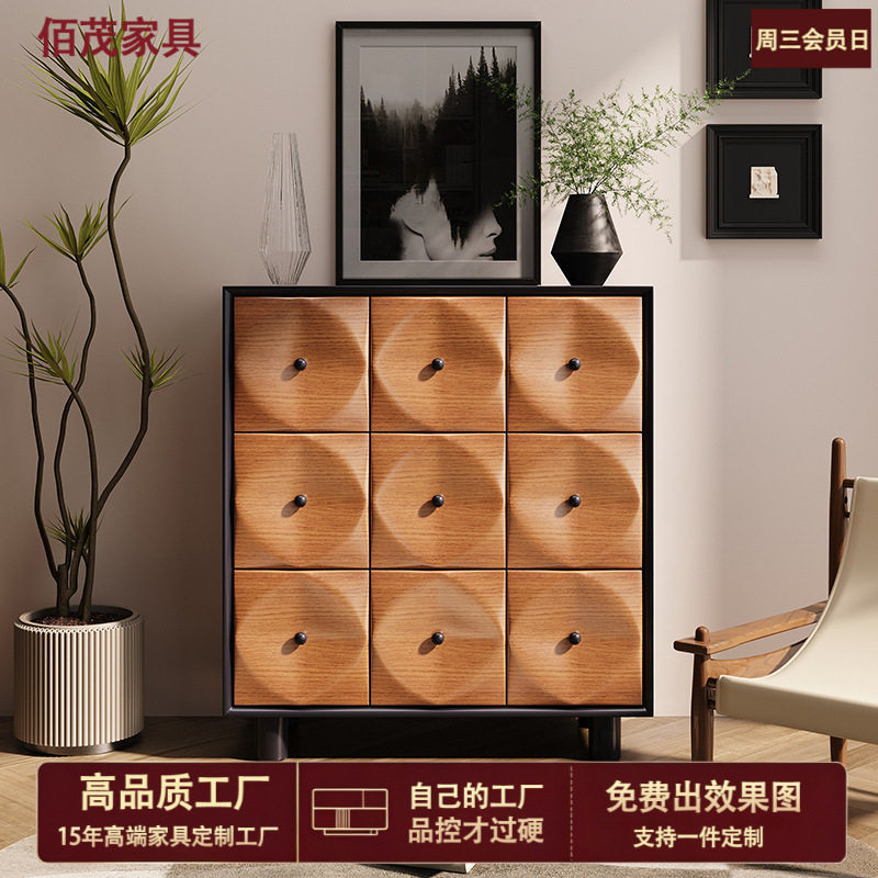 中古实木九斗柜家用卧室抽屉储物装饰柜客厅雕刻做旧菱格沙发边柜