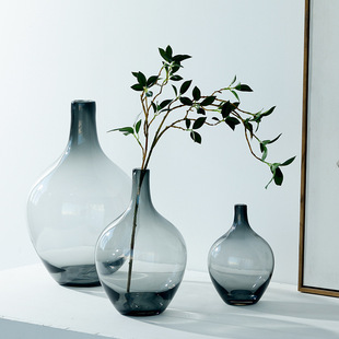 北欧简约小口径大肚玻璃花瓶吊钟麻醉木水养插花落地透明摆件