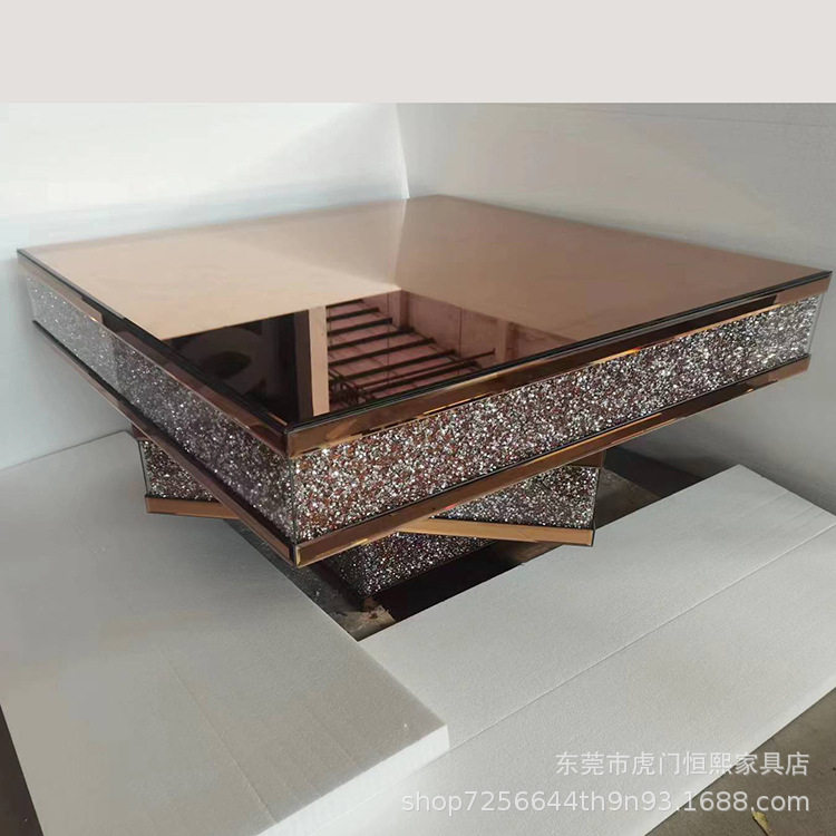 2024热卖现代轻奢玫瑰金3D立体镜面水钻玻璃客厅方形茶几角几边几