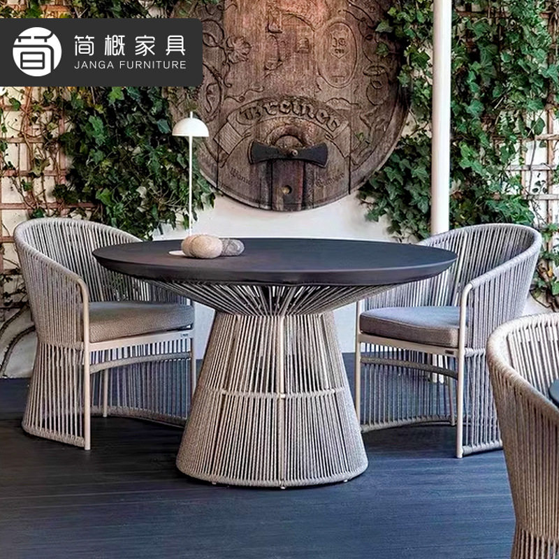 户外别墅庭院桌椅休闲花园露台藤椅家具露天餐厅岩板圆桌民宿桌椅