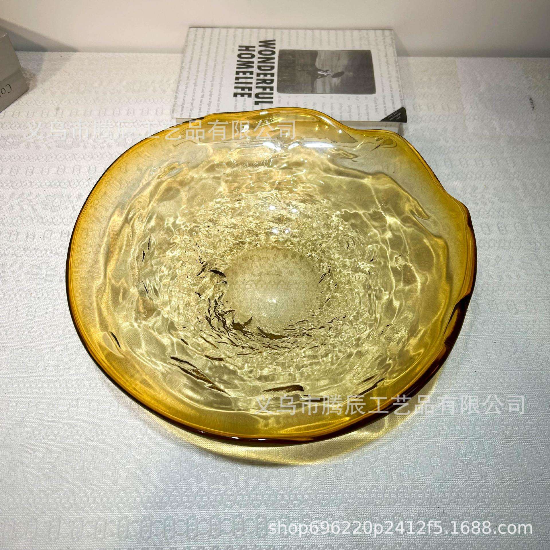 欧式重工高档彩色琉璃果盘创意款茶几餐桌装饰摆件琥珀色果盘