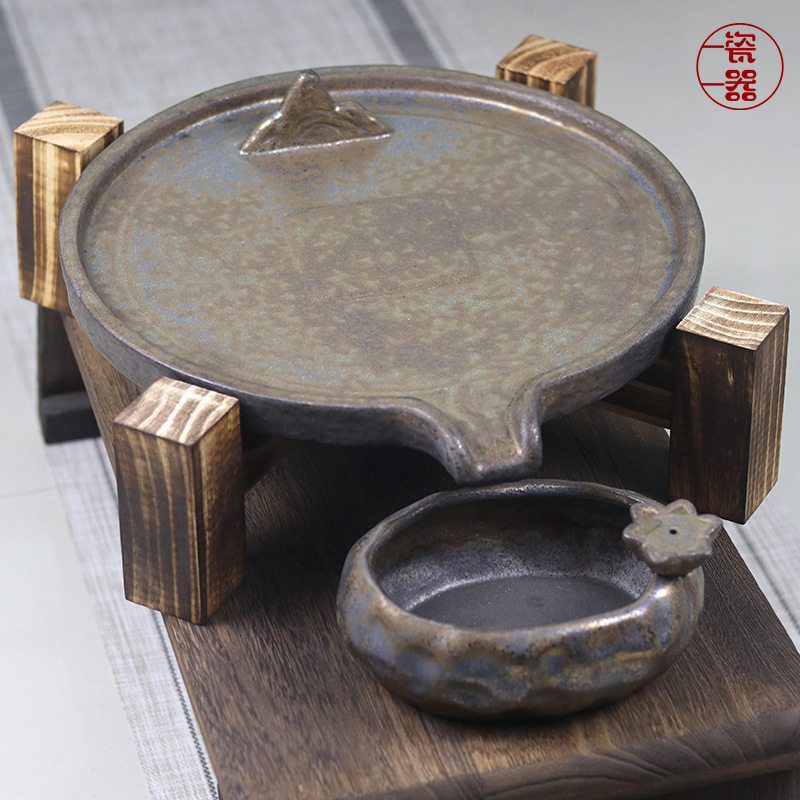 陶瓷茶盘托盘圆形创意个性家用排水石磨日式干泡台储水式茶台茶具