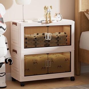 62cm透明双开门落地置物架免组装家用收纳柜卧室加厚可折叠储物箱