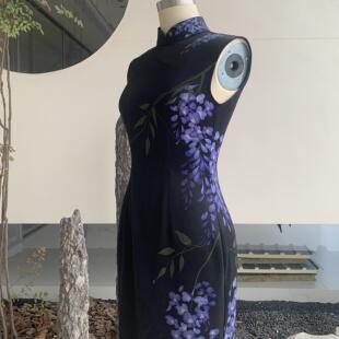 花猫家 【紫藤】原创自制港工旗袍无袖印花新中式连衣裙