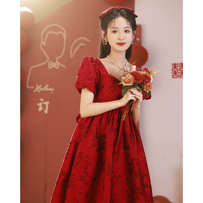 速发孕妇敬酒服新娘高级感酒红色在衣公主订婚礼服法式大码连逃裙