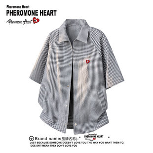 PLAY HEITY  官方潮牌美式复古格子翻领短袖衬衫男女刺绣百搭外套