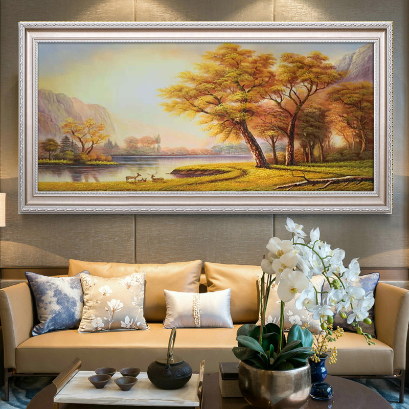 名画国王河油画山水风景纯手绘三只小鹿客厅玄关餐厅挂画装饰画图片