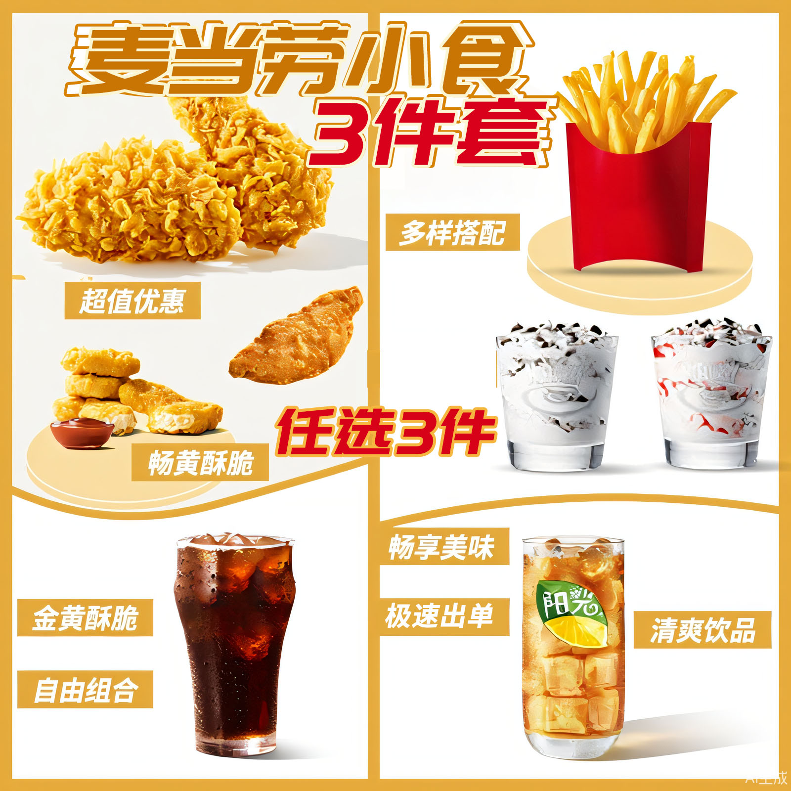 麦当劳薯条麦乐鸡麦辣鸡翅麦旋风脆汁鸡可乐小食任选3件代下单