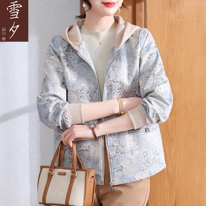 妈妈装2025新款春装连帽外套中老年女满印端庄大气拉链风衣夹克衫