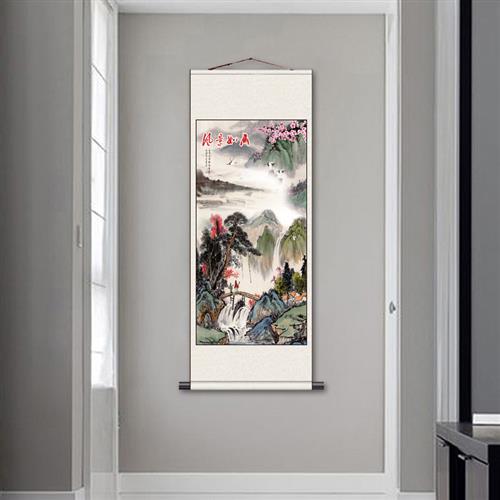 招财山水聚宝盆国画玄关画富水z长流客厅书房装饰卷轴挂画丝绢礼