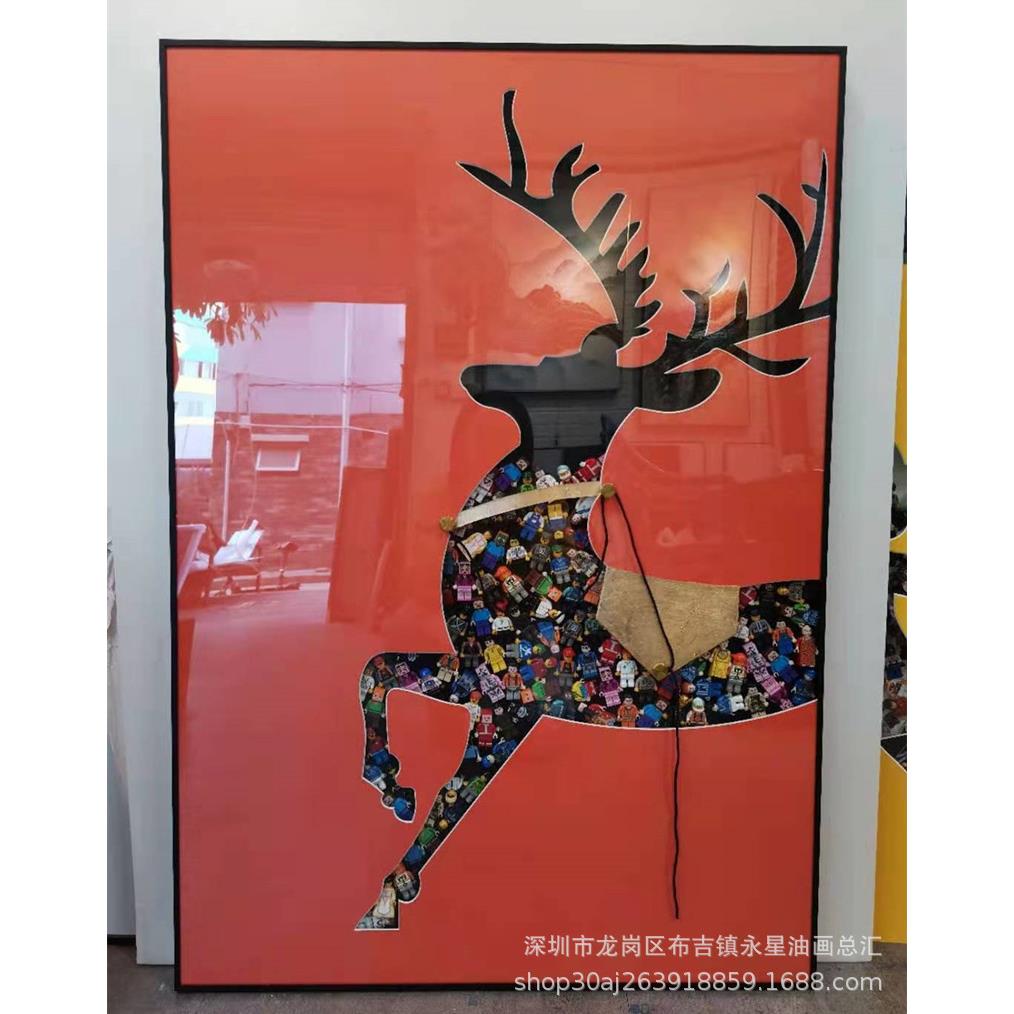 爱马橙色客厅沙发背景装饰画积乐木高实物挂画玄关走廊大象鹿画
