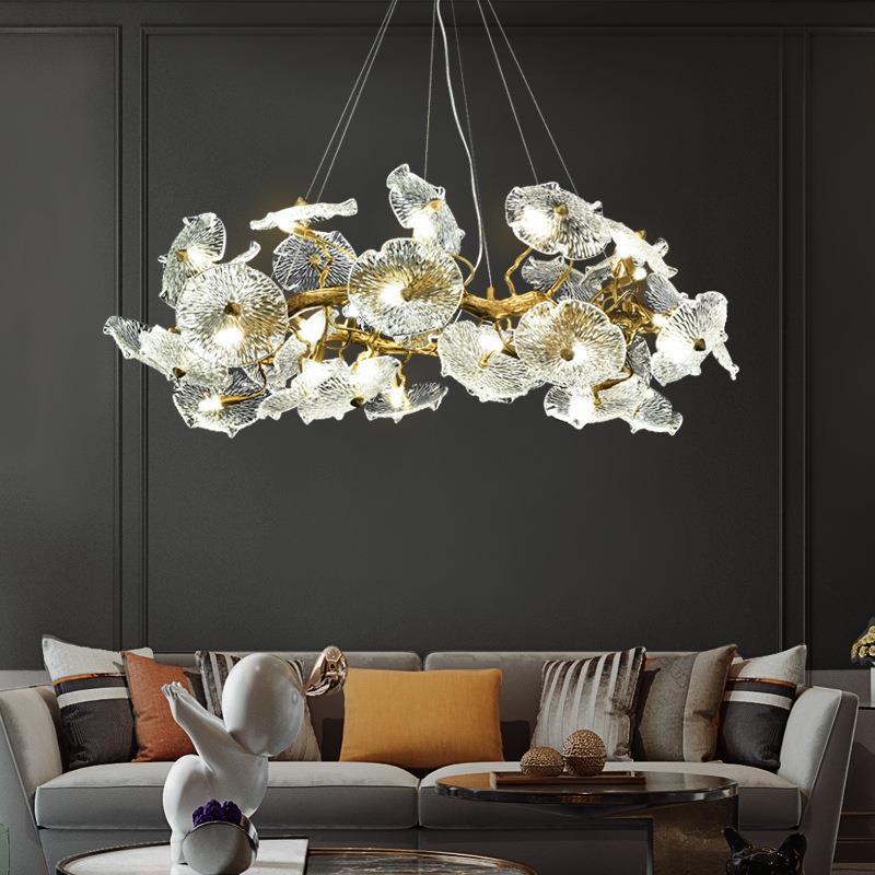 轻奢现代水晶客厅设计师艺术荷叶吊灯新中式别墅书房全铜树枝灯