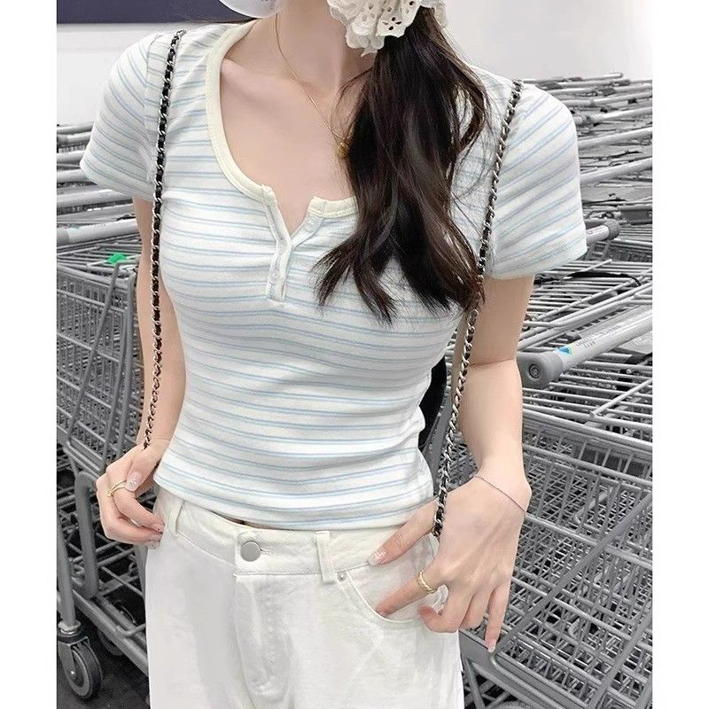半开领纽扣蓝白条纹正肩女t恤短袖夏季韩系U领撞色纯棉短款小上衣