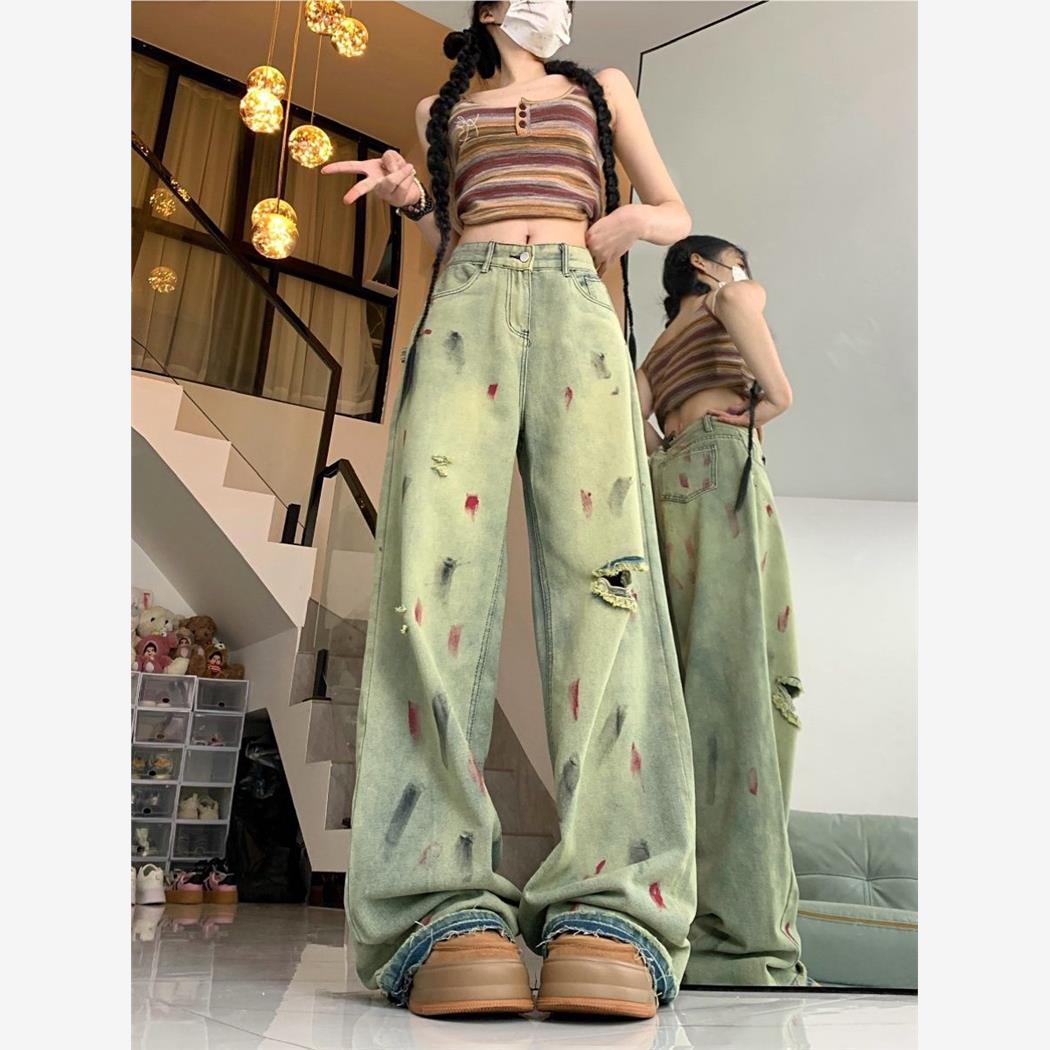 美式黄泥色破洞阔腿牛仔裤女夏季薄款高腰宽松显瘦大码直筒拖地裤