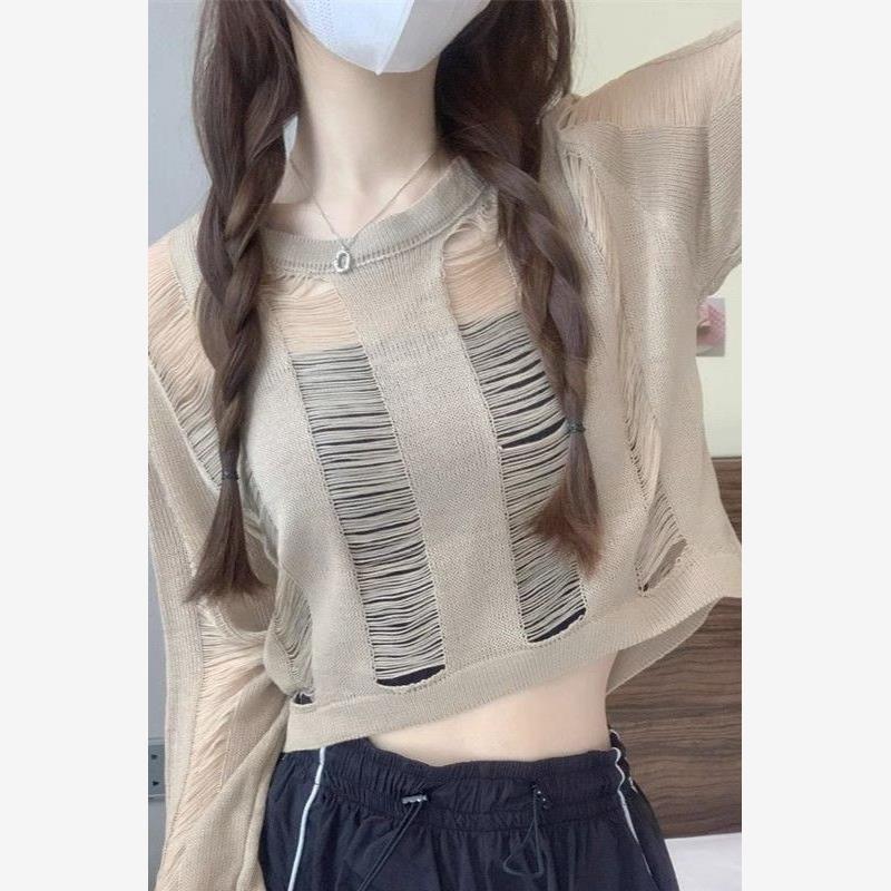 破洞镂空长袖针织衫女夏季薄款套头防晒罩衫配吊带辣妹t恤短上衣
