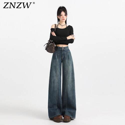 ZNZW美式复古阔腿牛仔裤女2026春季新款高腰宽松褶皱垂感直筒裤女