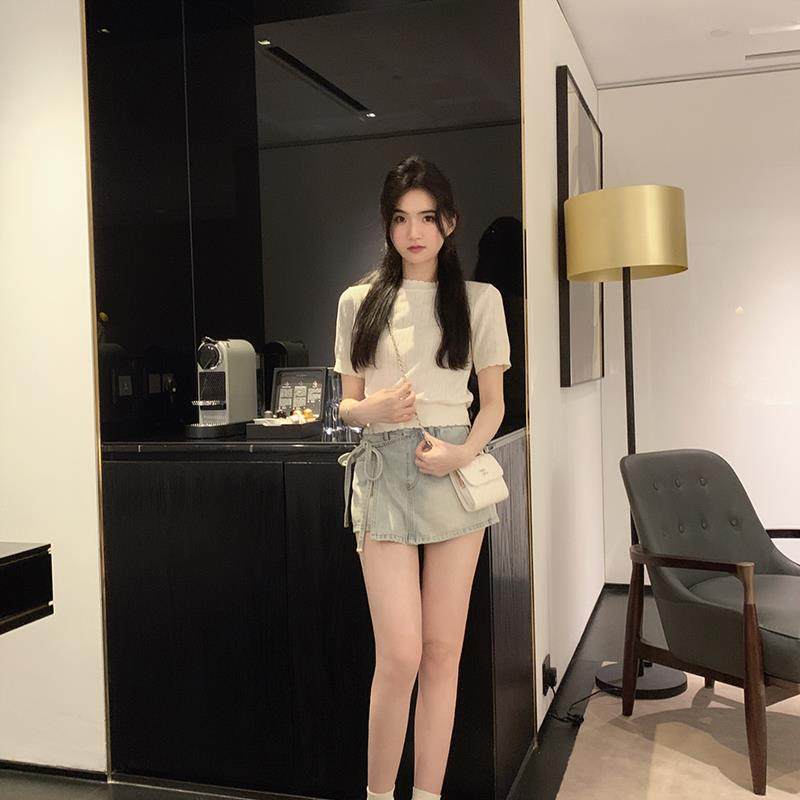 famouswang2024年夏季新款本期B入奶蓝显腿长牛仔裙裤半身短裙