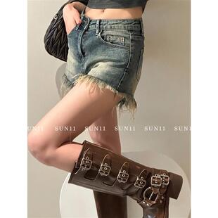 SUNONEONE 毛边复古低腰牛仔短裤女春夏显瘦百搭做旧外穿辣妹热裤