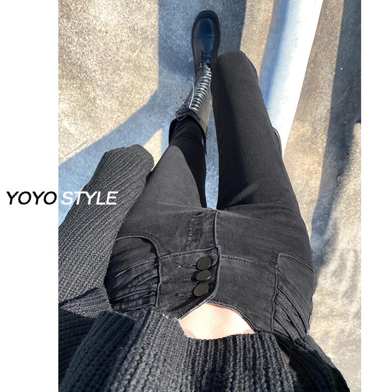 黑色加绒牛仔裤女2025年春秋新款高腰chic修身显瘦紧身薄绒小脚裤