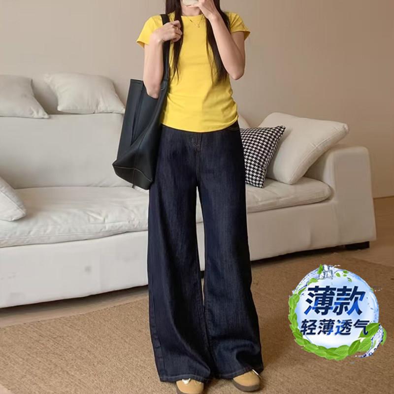 美式深蓝色阔腿牛仔裤女2026新款天丝薄款高腰显瘦宽松垂感直筒裤