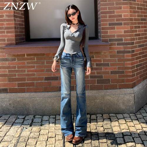 ZNZW低腰微喇牛仔裤女2026春季水洗猫须小个子弹力窄版直筒裤子女