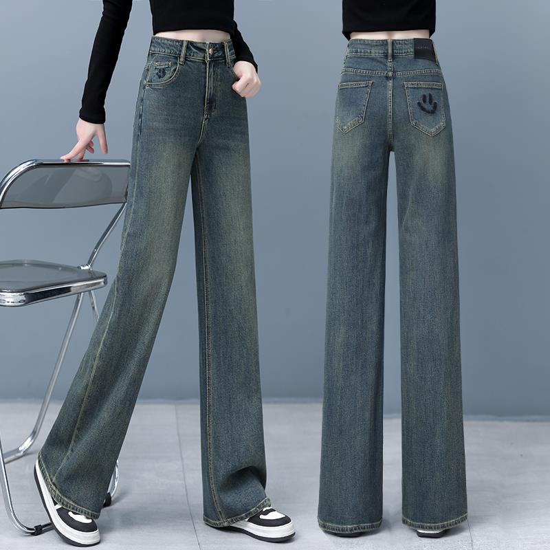 窄版阔腿牛仔裤女春秋2025新款高腰宽松拖地裤复古显瘦加绒直筒裤