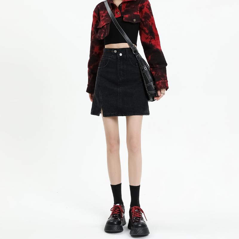 启遇黑色牛仔半身裙女a字显瘦2025年夏季新款高腰带内衬小个短裙