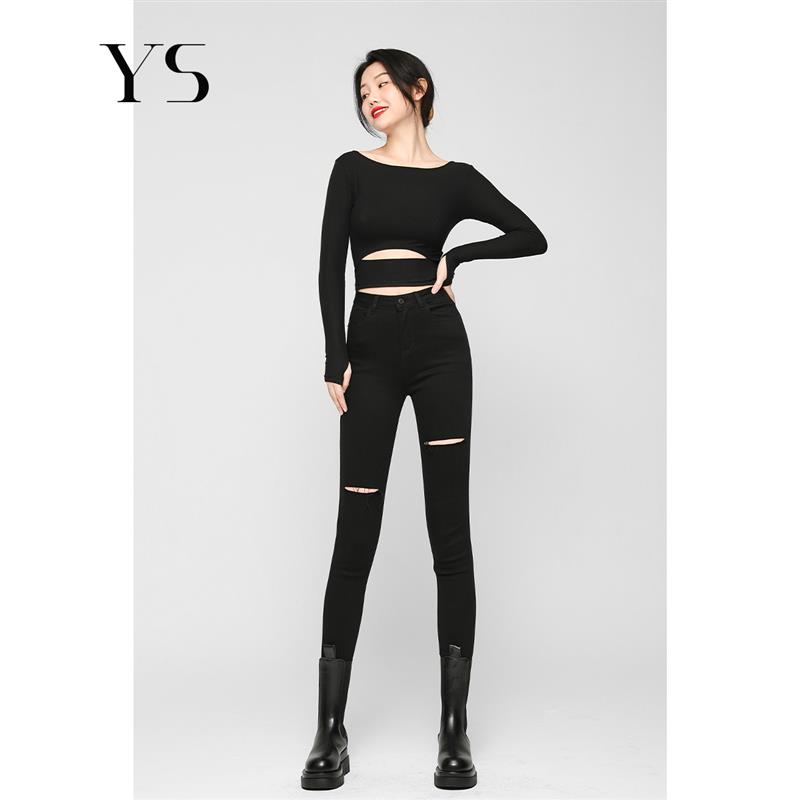 【王幼珊】破洞牛仔裤女紧身年春秋新款显瘦高腰小脚裤子黑色209