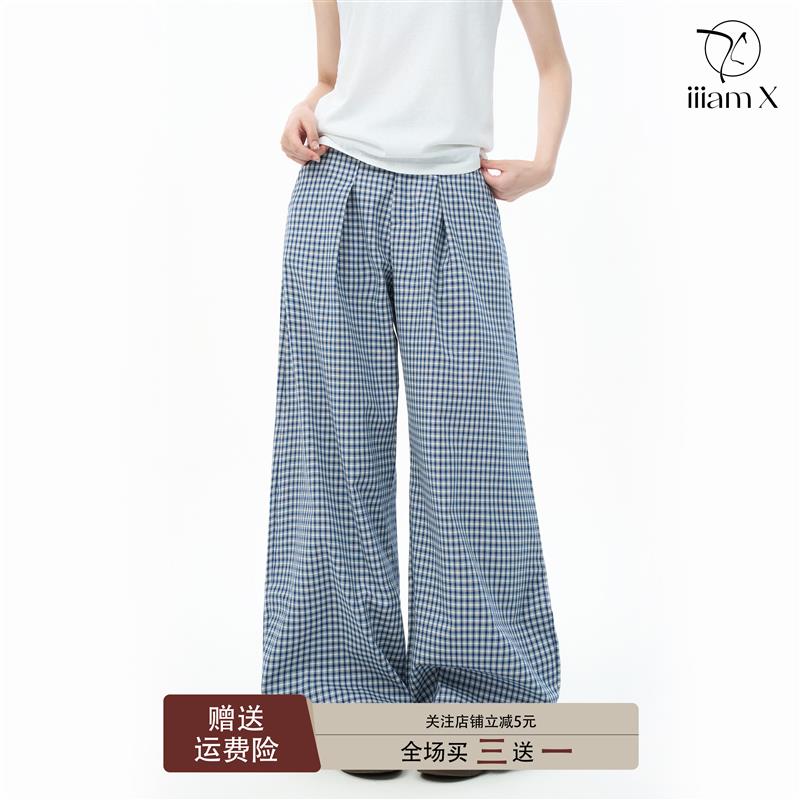 iiiamX蓝色格子高腰拖地阔腿裤女夏季宽松直筒长裤休闲小个子裤子