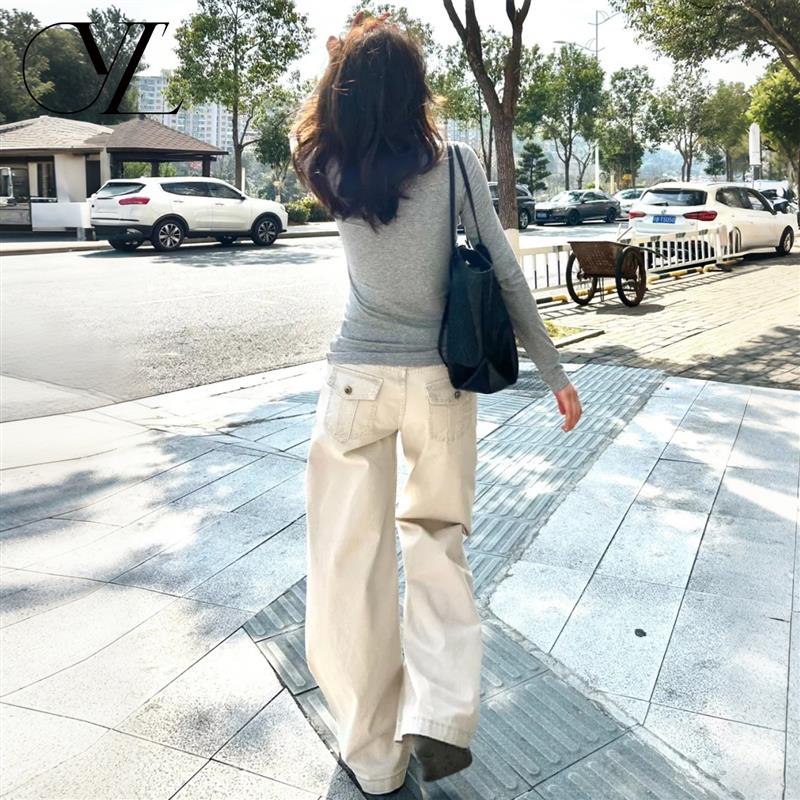 美式浅杏色低腰阔腿牛仔裤女2026夏季新款宽松显瘦百搭垂感直筒裤