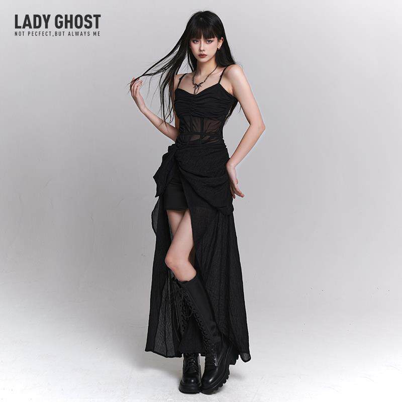 幽灵少女黑色吊带连衣裙长裙子御姐开春穿搭辣妹演唱会绝美晚礼服