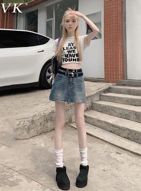 vfvk复古高腰牛仔半身裙女2025新款双扣a字短裙夏季显瘦包臀裙子
