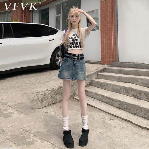vfvk复古高腰牛仔半身裙女2025新款双扣a字短裙夏季显瘦包臀裙子