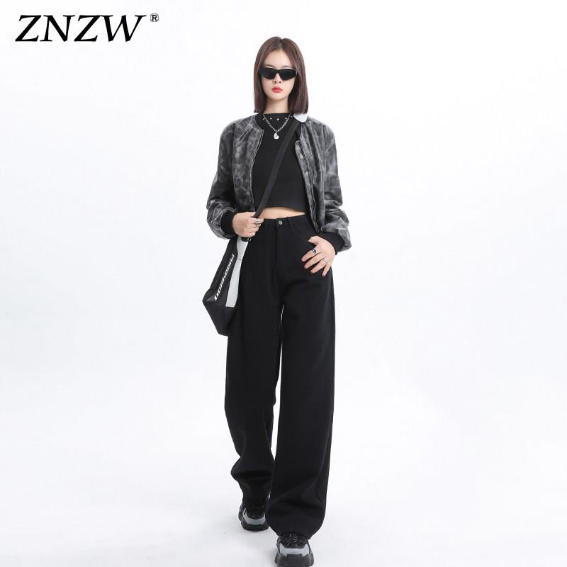 ZNZW黑色直筒牛仔裤女2026春季阔腿垂感小个子窄版修身黑色裤子女